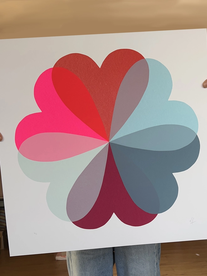 Hannah Carvell, Hearts and Flowers in reds, Burgundy and Blue, Love Hearts, Screen Printed by Hand, Limited Edition Print