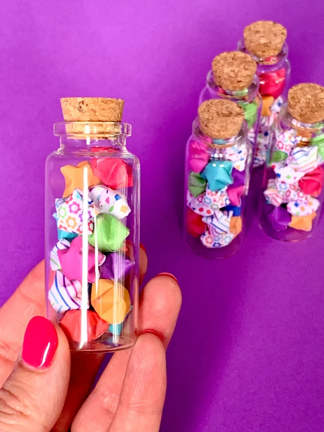 Handmade Origami Rainbow Lucky Stars In Mini Glass Bottle