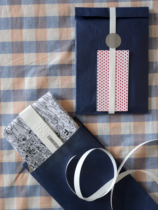 A Mr.PS Edinburgh Map hankie with optional gift wrapping; navy paper, white ribbon and patterned gift card