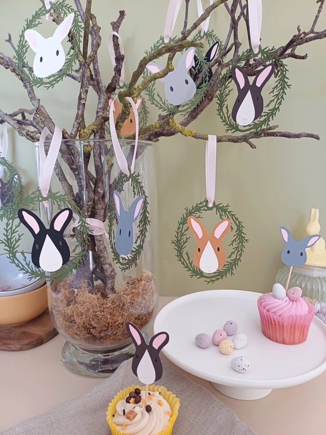 Entire Set of Easter Tree Bunny Decorations displayed hugn on Easter Tree branches