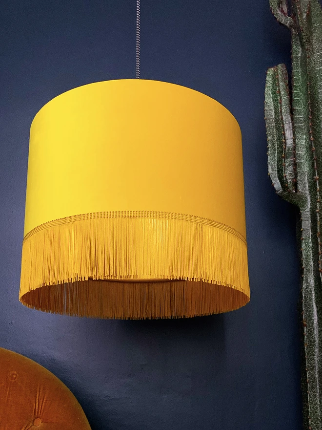 Sunset Yellow Velvet Lampshade With Gold Lining & Fringing. 