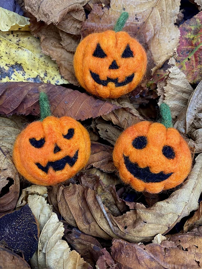 Three needle-felted pumpkin brooches with different expressions, on a background of autumnal leaves