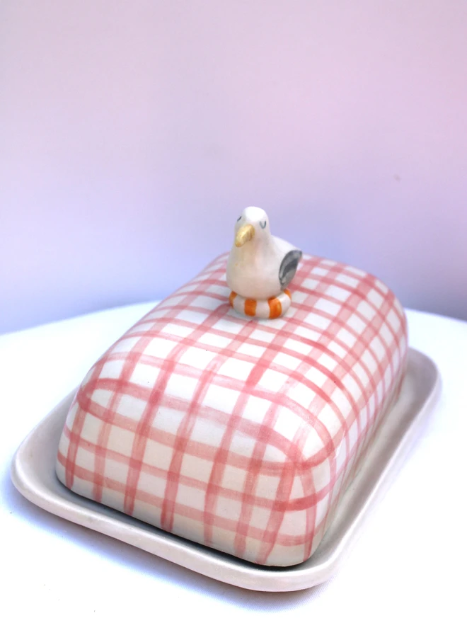 Seagull Butter Dish On Pink Gingham Background