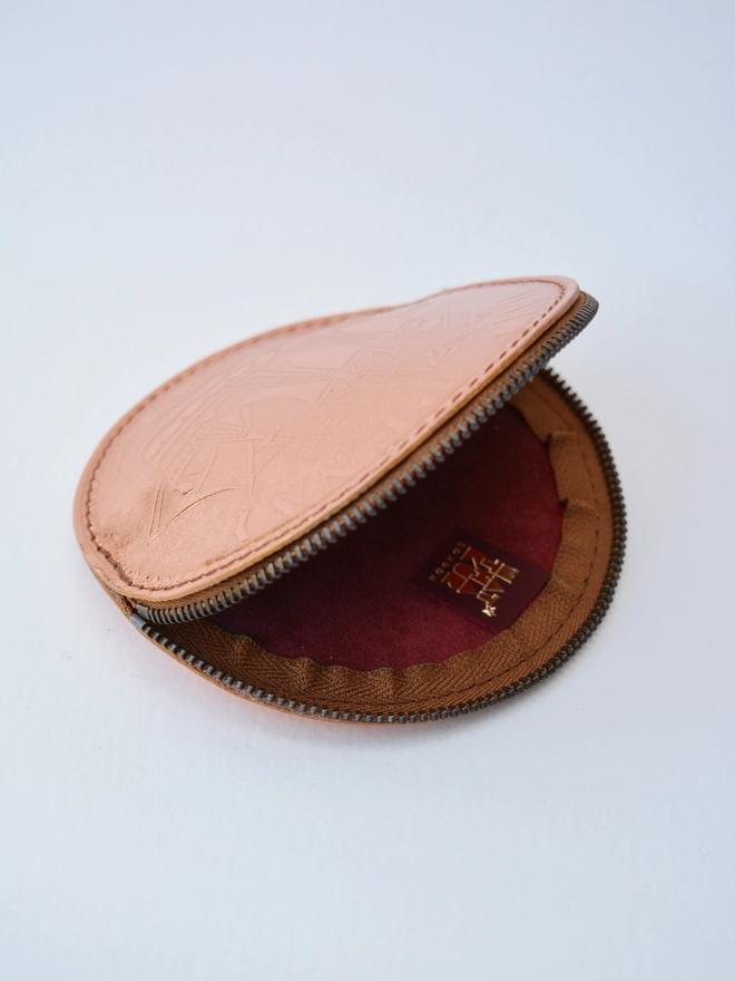 natthakur wine red suede lining in a leather copper coin purse