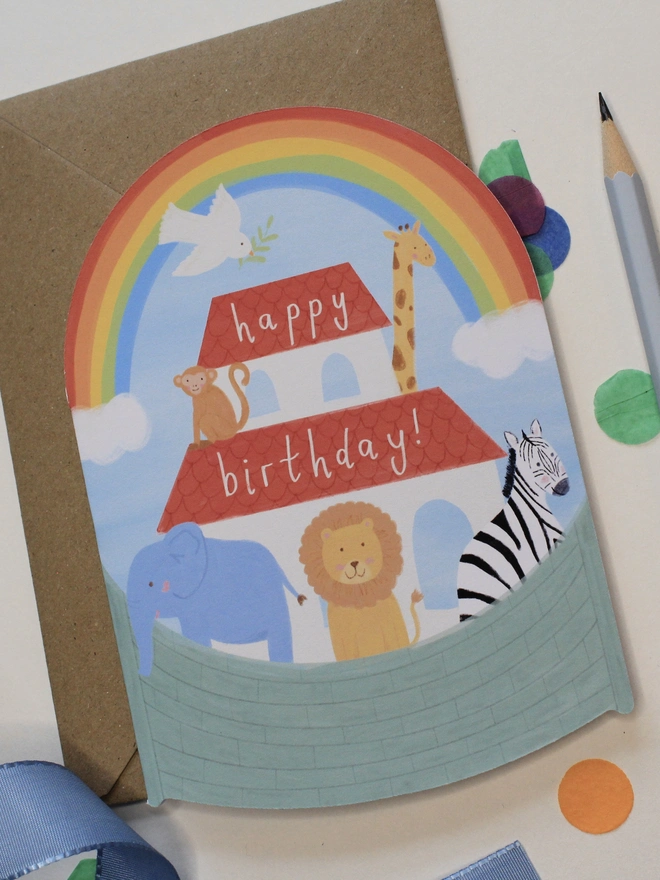 happy birthday colourful Noah's ark rocking card