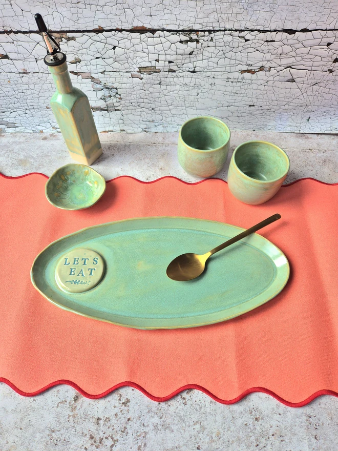 Lets eat platter, large serving platter, ceramic serving platter, Jenny Hopps Pottery, green platter, Christmas platter, christmas serving dish