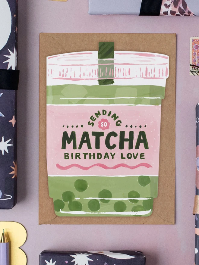 Matcha Birthday Card styled with other Sister Paper Co greeting cards