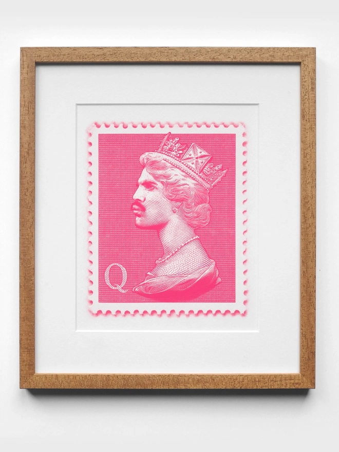 Pink Freddie Mercury Mini Stamp Art Print - Natural Oak Frame