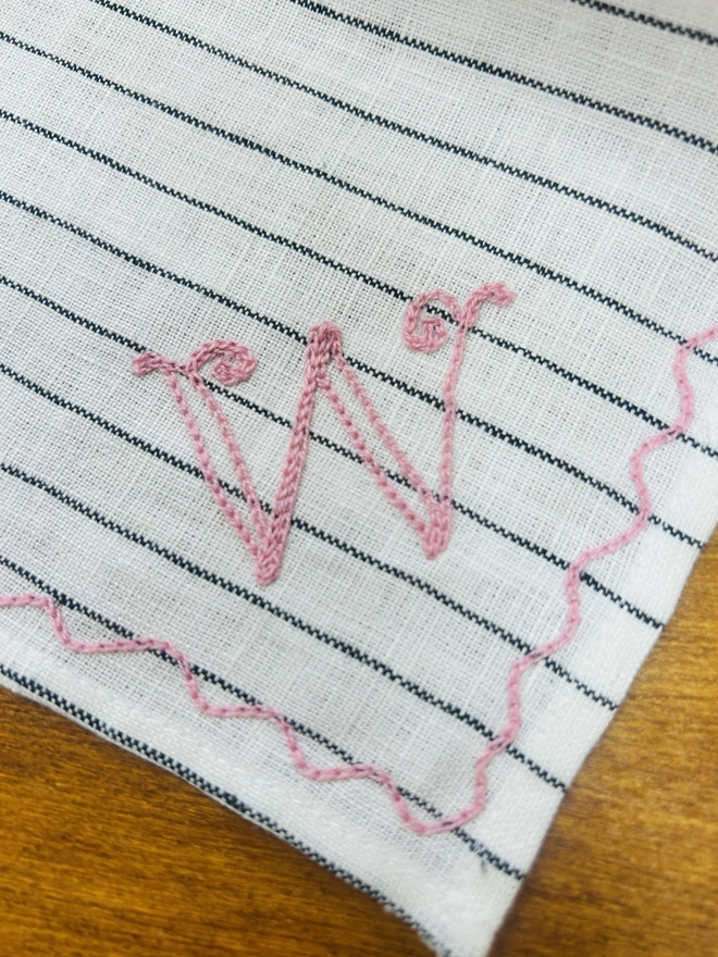 Embroidered Linen Stripe Handkerchief with Monogram Letter
