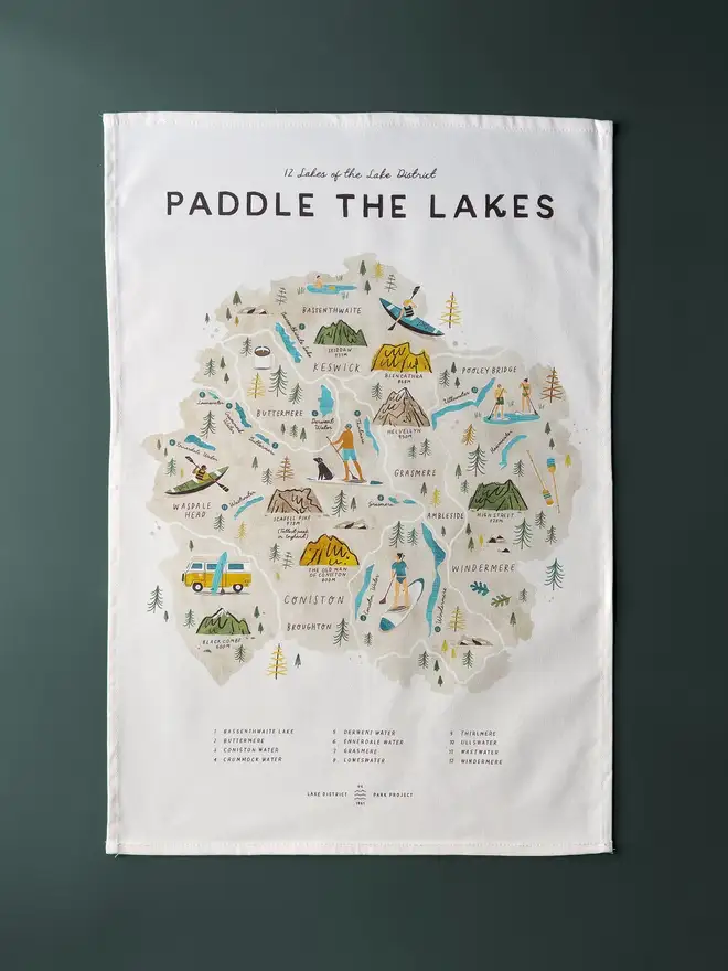 lake district paddleboarding map tea towel