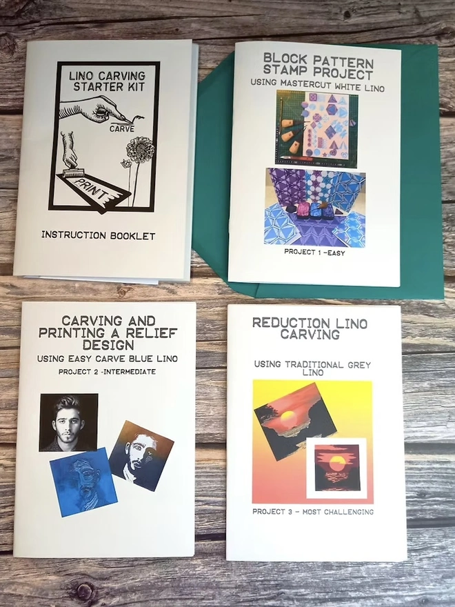 Lino Printing Starter Kit, four instruction booklets showing projects