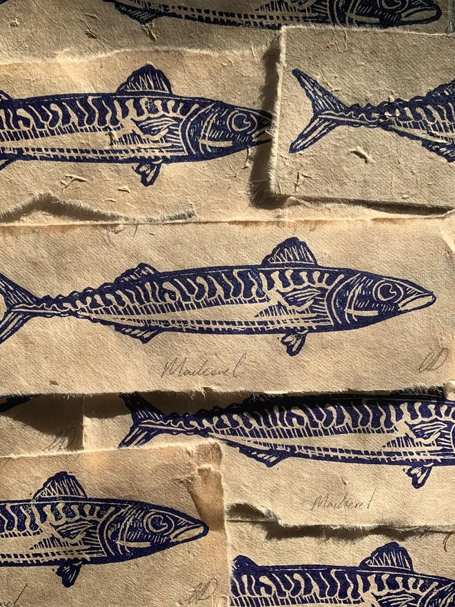 Lino Print Mackerel Fish Handmade Paper