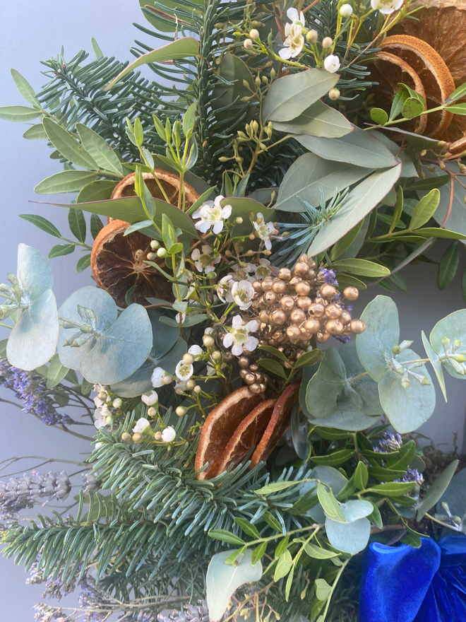 Christmas Marmalade Wreath with Eucalyptus, Pine and Orange Slices, Blue Velvet Bow