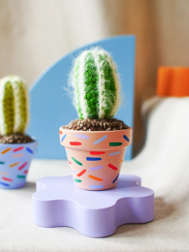 crochet cactus in hand painted pot