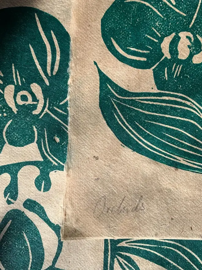 Lino Print Green Orchid On Handmade Paper