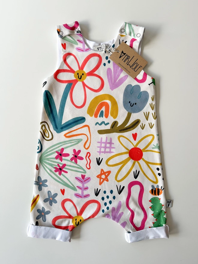 Spring garden print baby romper, colourful bright kids wear