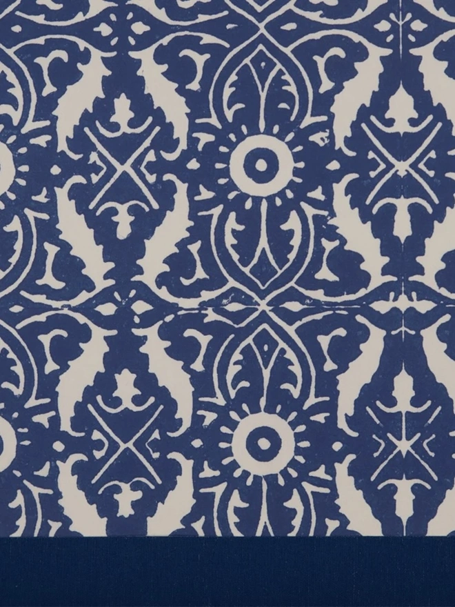 Retro Drum Lampshade. Close-up of a hand block printed lampshade showing a bold repeating geometric pattern. The colourful printed design and neat trim bring character and a handcrafted finish to any lamp.