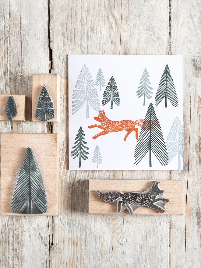 fox and fir tree rubber stamps