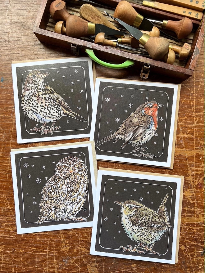 Four art cards of song thrush, robin, little owl, wren and snowflakes