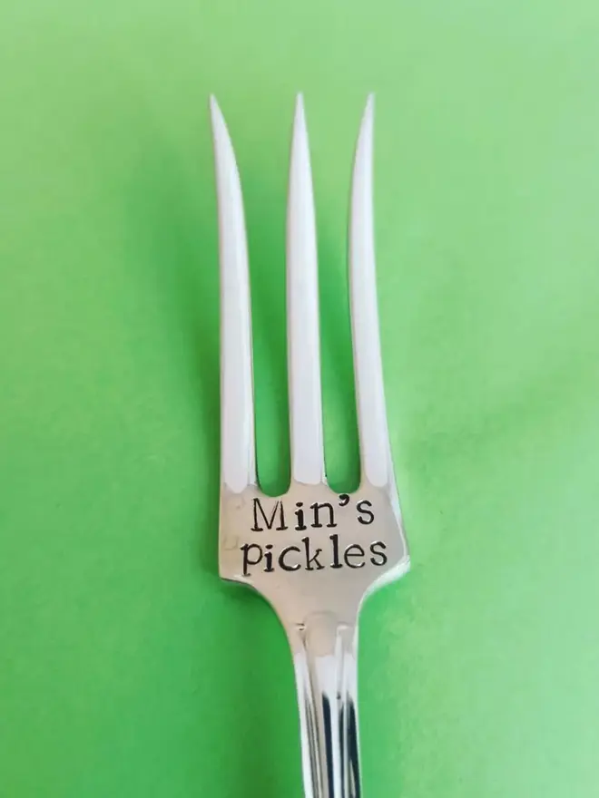 Vintage silver plated three pronged Pickle Fork personalised with the wording Min's pickles