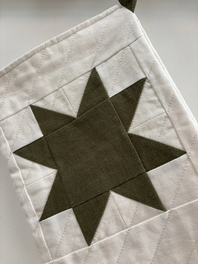 Green Linen Star Detail on Ivory Linen Quilted Christmas Stocking.