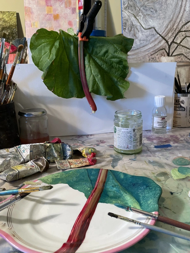 painting rhubarb in the studio
