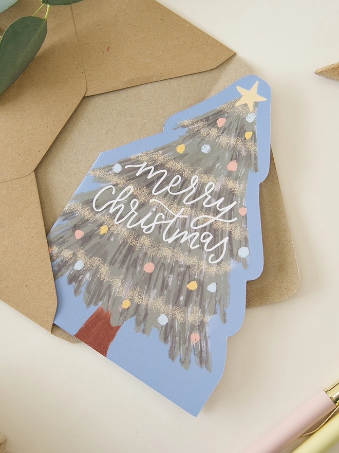 Illustrated Christmas tree cutout card