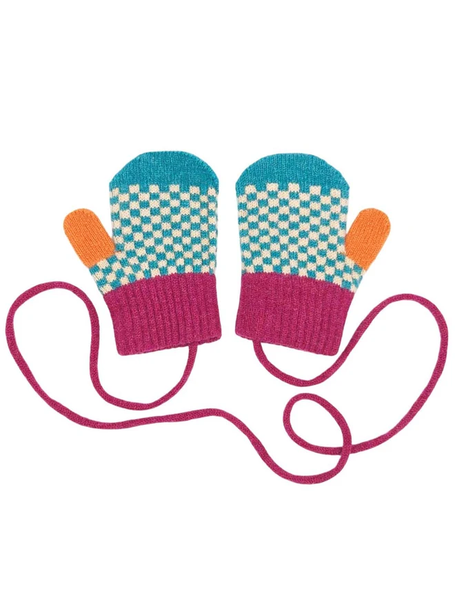 Green And Peach Checked Kids Mittens With A String
