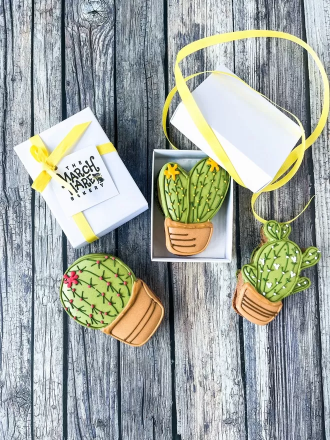 three large cactus shaped macarons decorated with white, yellow & pink flowers, in a individual small white boxes with a yellow ribbon on a wooden table