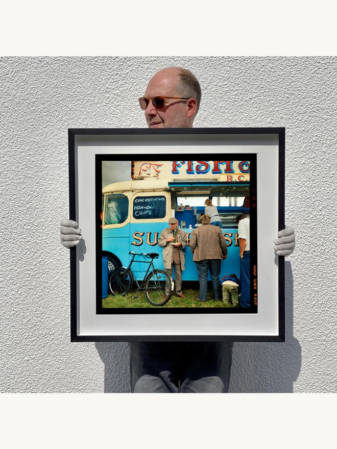 Richard Heeps holding Fish and Chips Van Square Framed Art Print