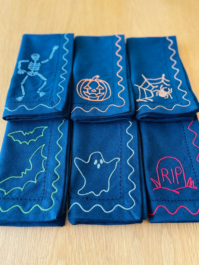 set of 6 dark blue hand embroidered halloween napkins