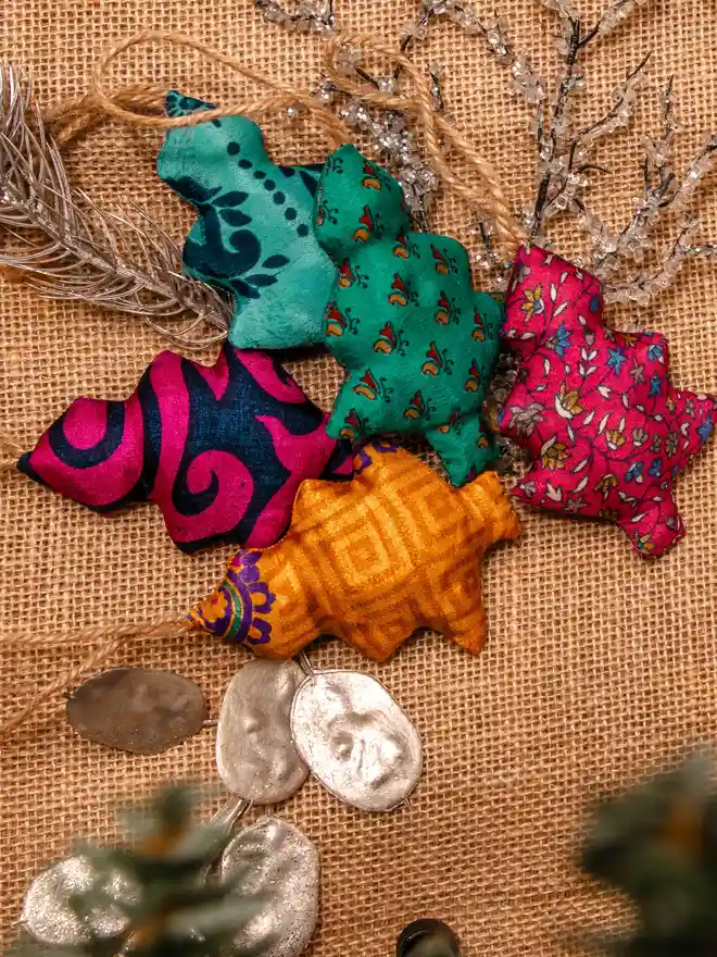 Upcycled colourful tree decorations