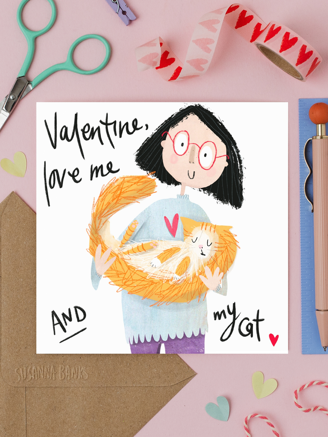 Illustration of a girl with glasses holding her fluffy ginger cat - valentine, love me and my cat