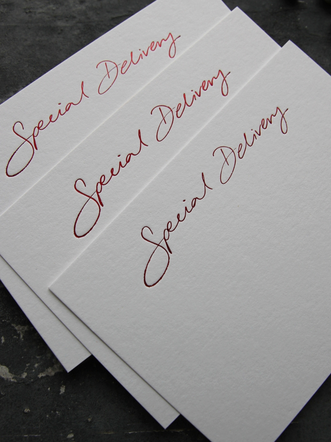 christmas notecard with Special Delivery in red foil comes with envelope which says North Pole Mail