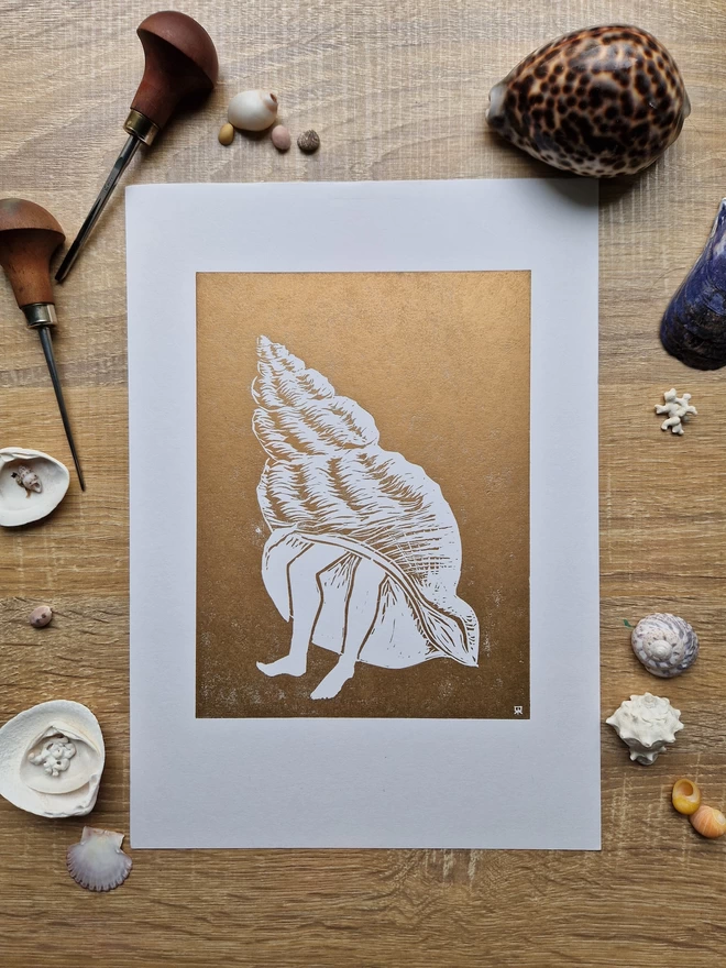 Hermit Shell Lino Print Gold