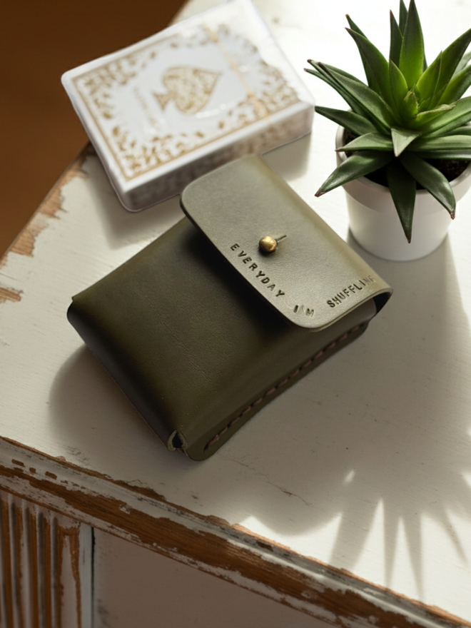 hand stamped olive green leather playing cards holder