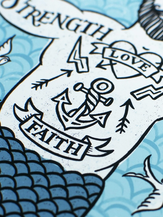 detail of blue tattoo merman print