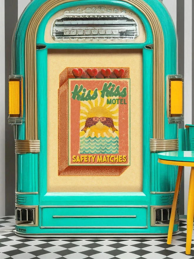 Style & Vibe Retro Romantic: A playful nod to 1950s motel culture and coastal honeymoon spots.  Textural Depth: The "Safety Matches" aesthetic includes a grainy, weathered finish that makes the print look like a genuine antique find.  Warm Palette: Soft creams, dusty pinks, and deep ocean blues create a nostalgic, inviting atmosphere.