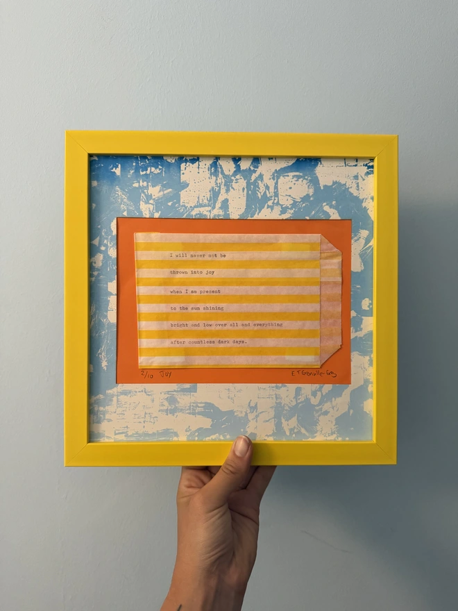 joy wall art framed poetic print yellow orange blue