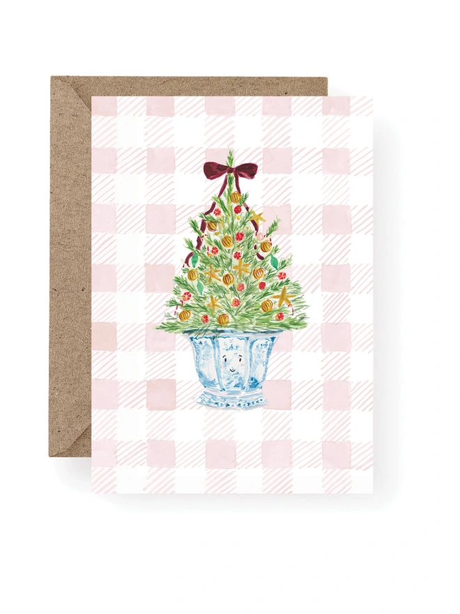 gingham background illustrated Christmas tree christmas card