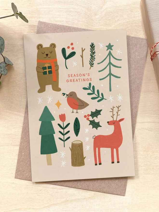 Seasons Greetings Folky Christmas Recycled Coffee Cup Card