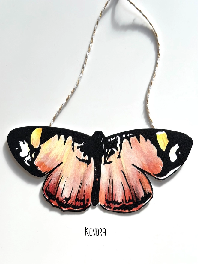 Hand Painted Butterfly Colourful Linocut Hanging Decoration In Orange Peach terracotta and black