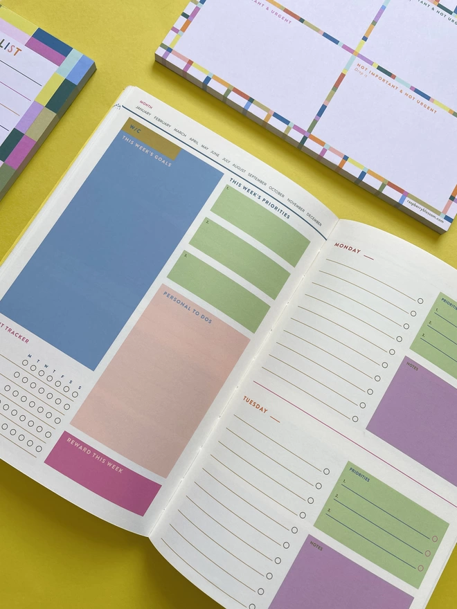 A close up of inside daily planner shows space for habit tracking, weekly goals, and a colourful place to plan a reward for the week