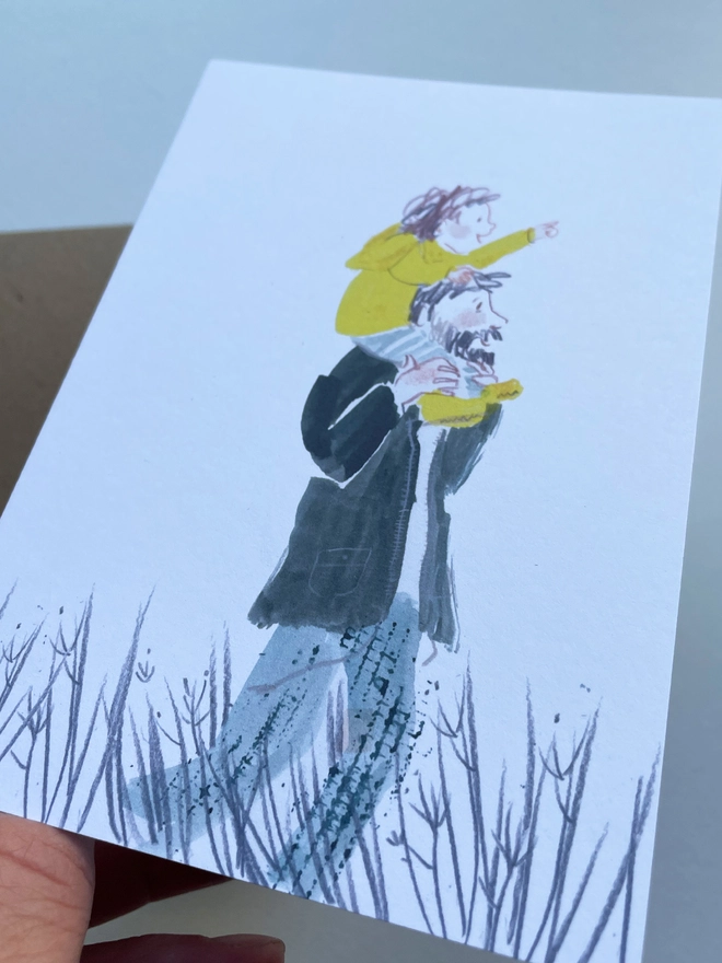 Esther Kent illustrated greeting card showing a child in a yellow jacket riding on the shoulders of a bearded man, on a country walk