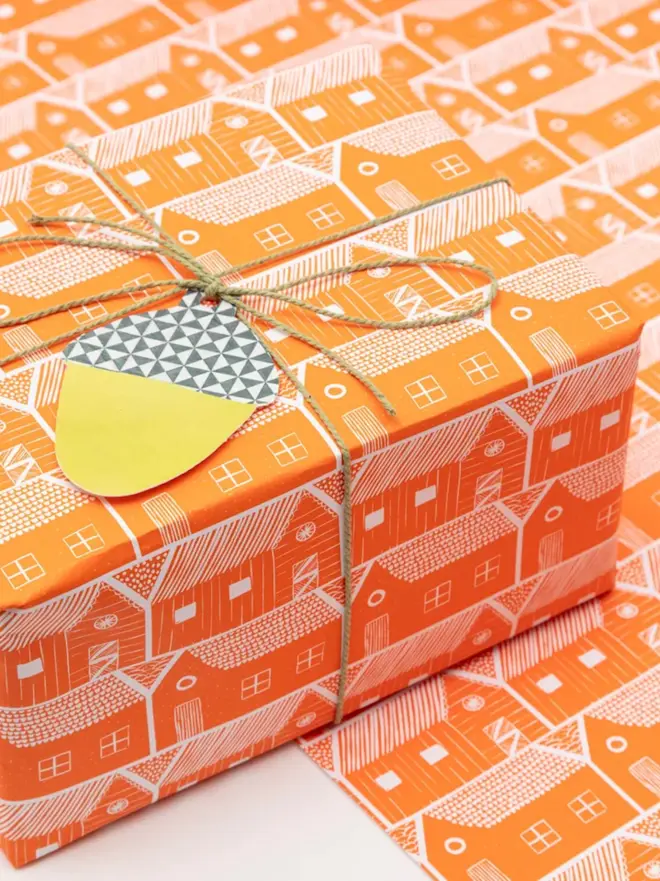 orange house shed pattern gift wrap
