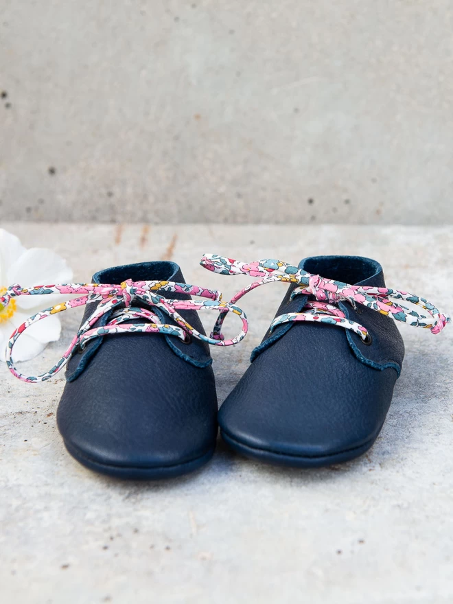 Ink Blue Leather Baby Shoes with Liberty Print Laces