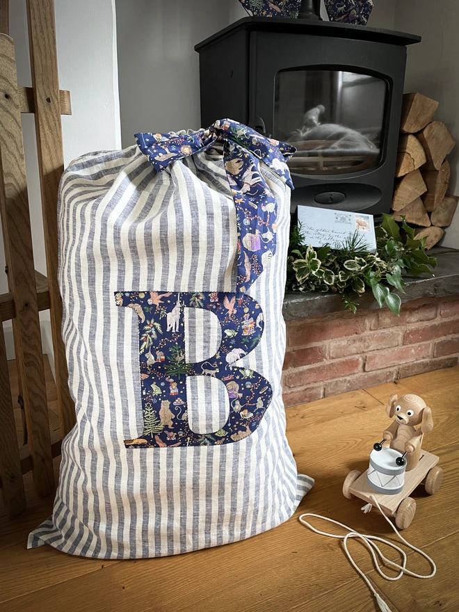 Navy Stripe Linen Gift Sack liberty print letter