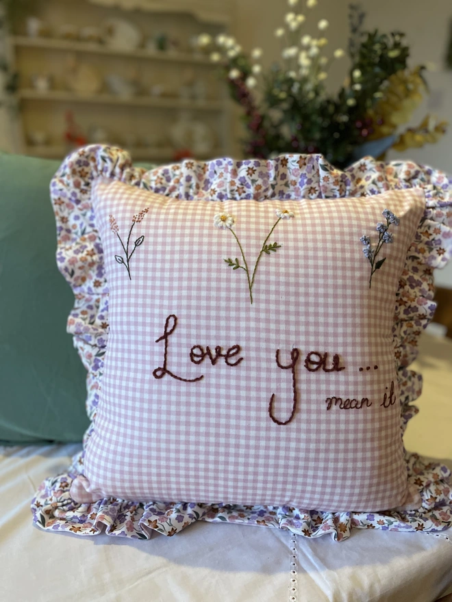 Valentine’s Day gift for her - bespoke personalised hand embroidered cushion 