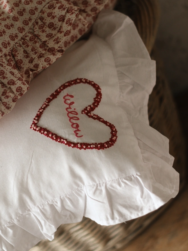 hand embroidered red heart name pillowcase