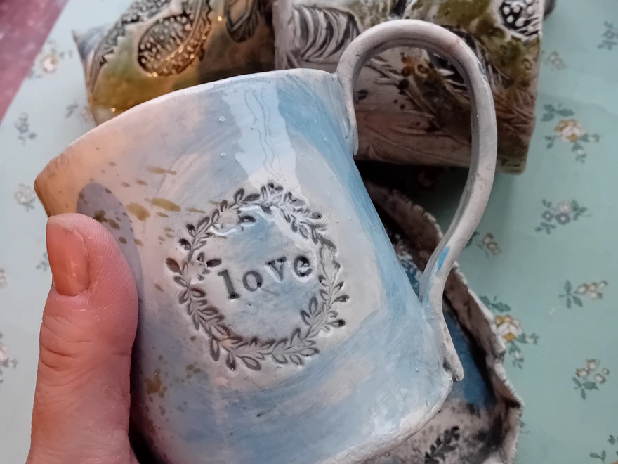 Personalised Stoneware Mug in blue with 'love' text